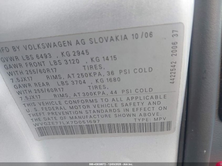 2007 Volkswagen Touareg V6 VIN: WVGZE77LX7D051697 Lot: 43838572