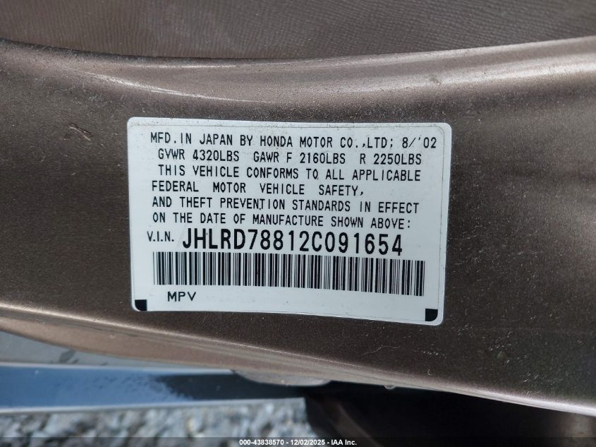 2002 Honda Cr-V Ex VIN: JHLRD78812C091654 Lot: 43838570