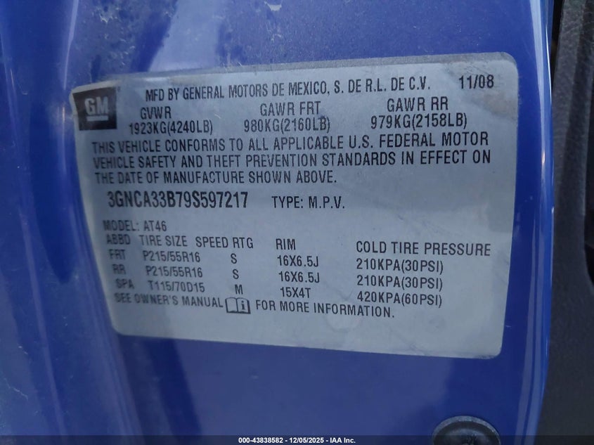 2009 Chevrolet Hhr Ls VIN: 3GNCA33B79S597217 Lot: 43838582