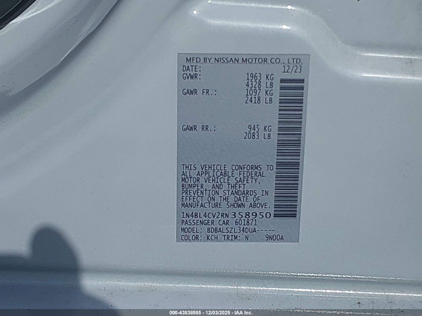 2024 Nissan Altima Sr Fwd VIN: 1N4BL4CV2RN358950 Lot: 43838585