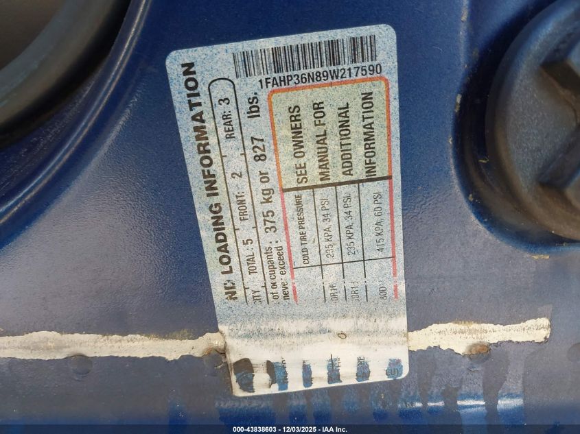 2009 Ford Focus Ses VIN: 1FAHP36N89W217590 Lot: 43838603