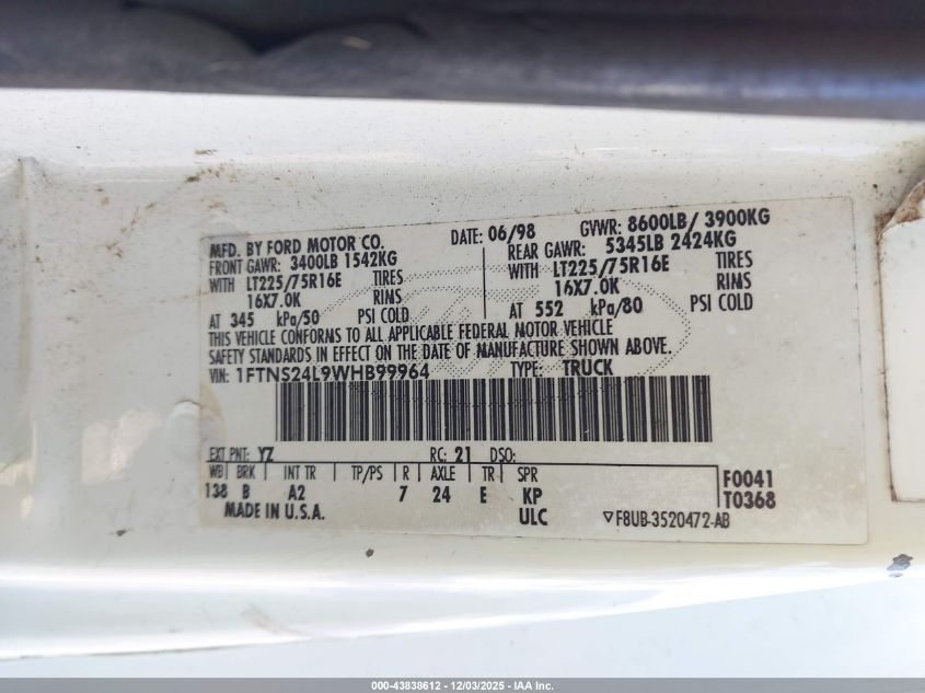 1998 Ford E-250 Commercial/Recreational VIN: 1FTNS24L9WHB99964 Lot: 43838612