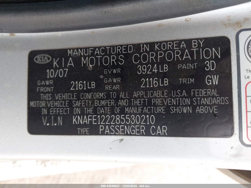 2008 Kia Spectra Ex VIN: KNAFE122285530210 Lot: 43838623