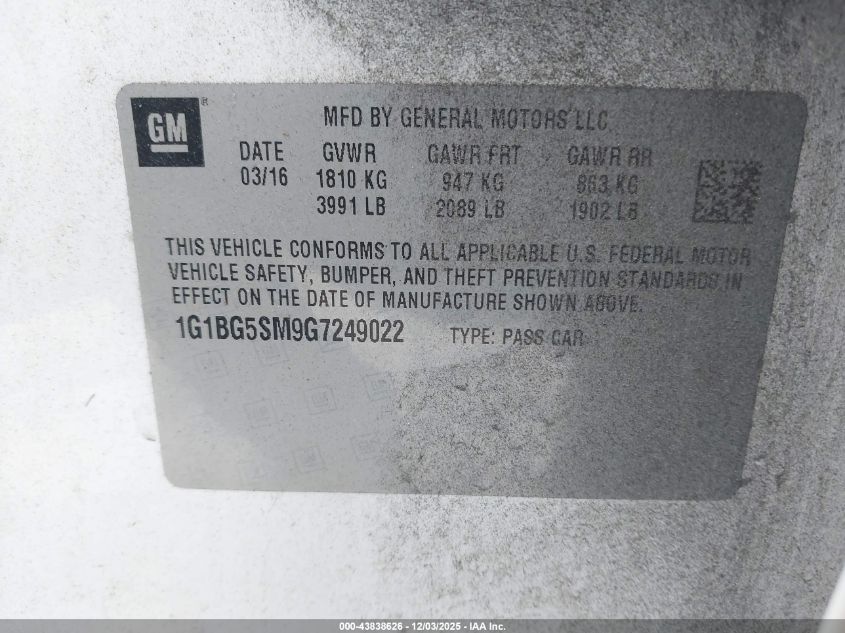 2016 Chevrolet Cruze Premier Auto VIN: 1G1BG5SM9G7249022 Lot: 43838626