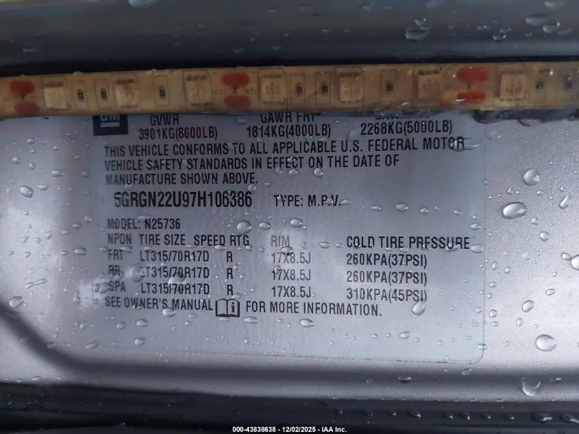 2007 Hummer H2 Sut VIN: 5GRGN22U97H106386 Lot: 43838638