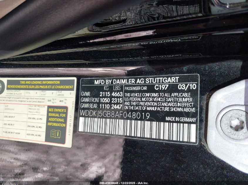 2010 Mercedes-Benz E 350 VIN: WDDKJ5GB8AF048019 Lot: 43838648