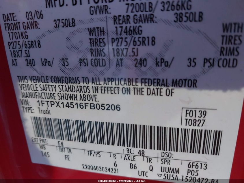 2006 Ford F-150 Fx4/Lariat/Xl/Xlt VIN: 1FTPX14516FB05206 Lot: 43838660