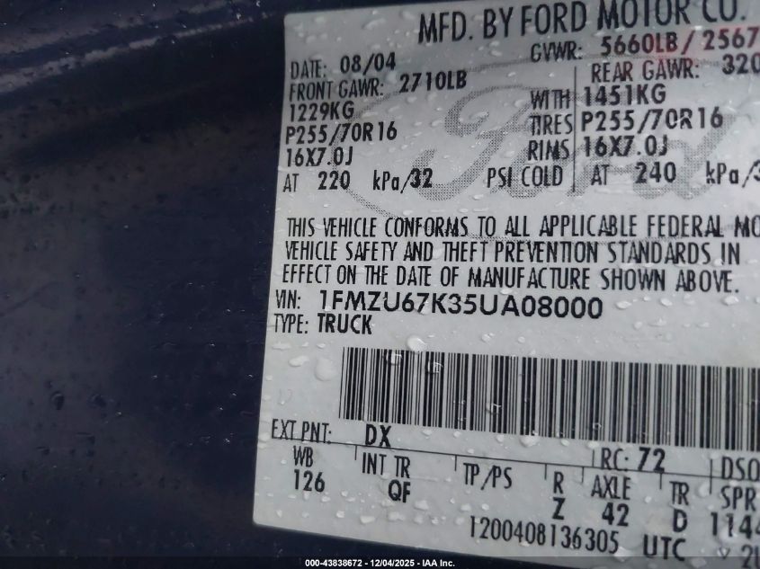 2005 Ford Explorer Sport Trac Adrenalin/Xls/Xlt VIN: 1FMZU67K35UA08000 Lot: 43838672