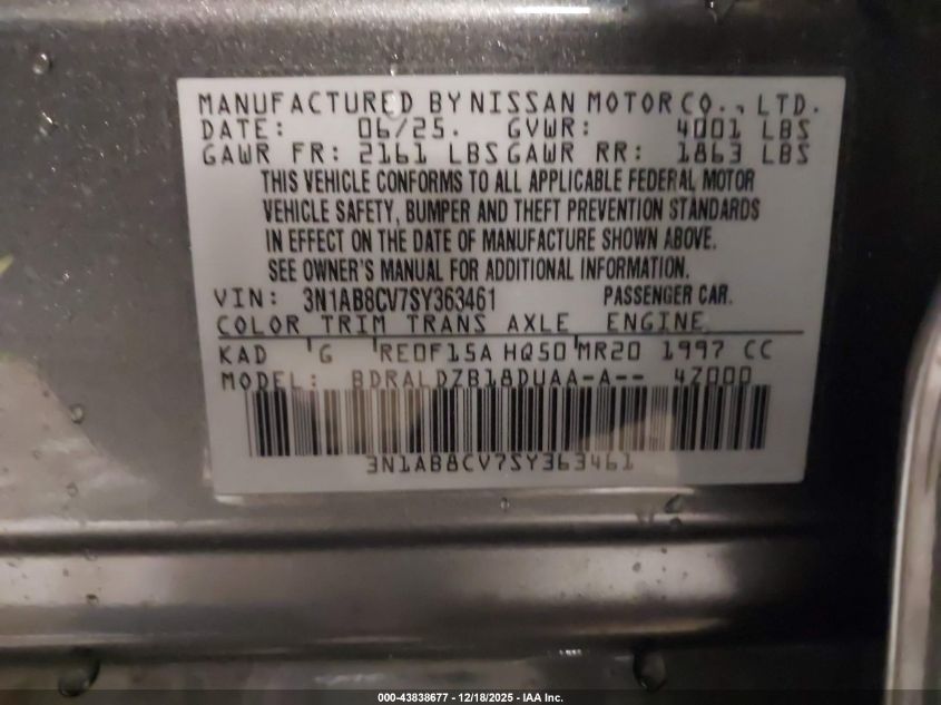 2025 Nissan Sentra Sv VIN: 3N1AB8CV7SY363461 Lot: 43838677