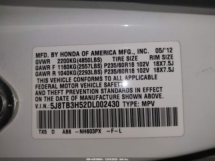 2013 Acura Rdx VIN: 5J8TB3H52DL002430 Lot: 43838684