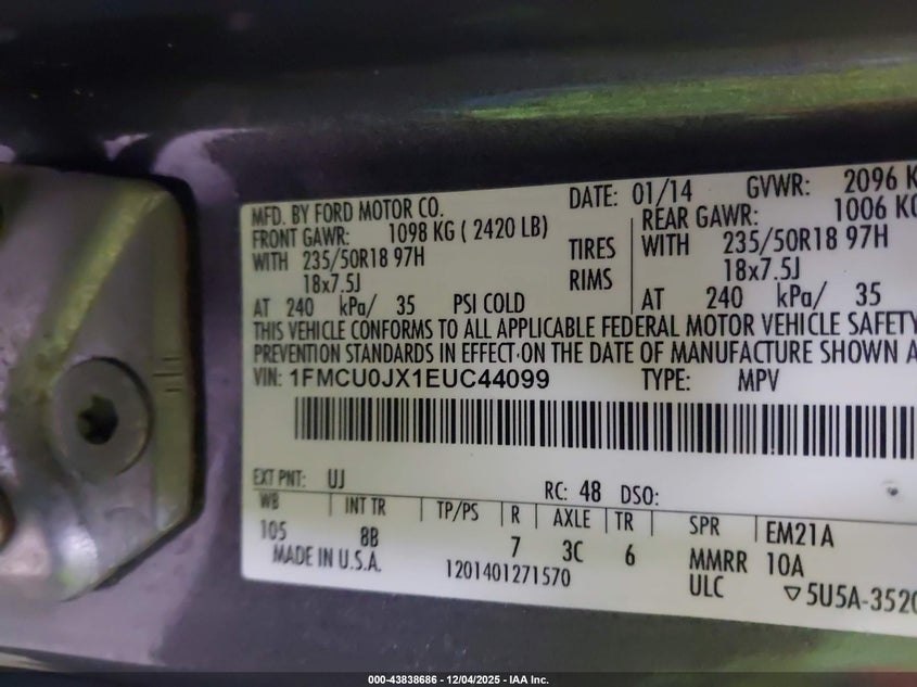 1FMCU0JX1EUC44099 2014 FORD ESCAPE photo no. 9