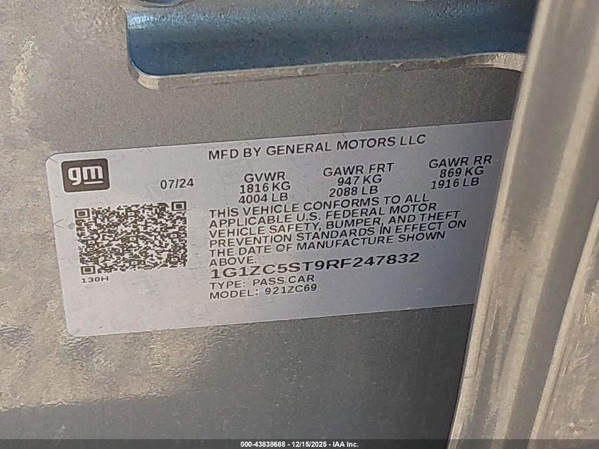 2024 Chevrolet Malibu Fwd 1Fl VIN: 1G1ZC5ST9RF247832 Lot: 43838688
