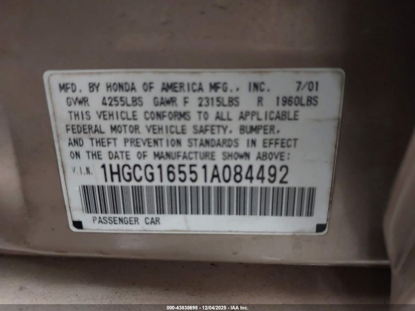 2001 Honda Accord 3.0 Ex VIN: 1HGCG16551A084492 Lot: 43838698