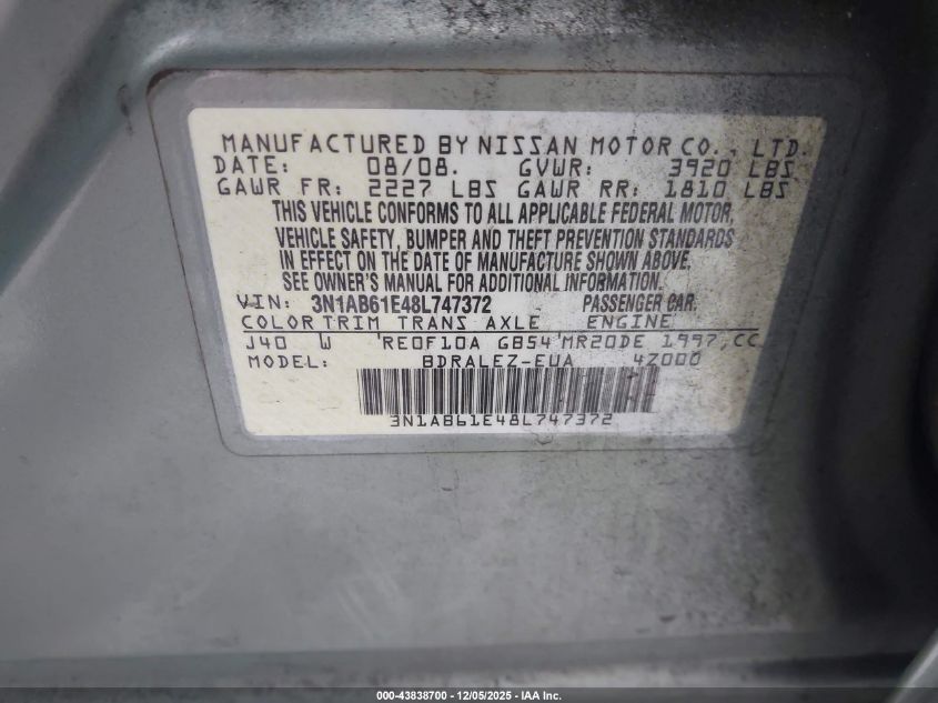 2008 Nissan Sentra 2.0S VIN: 3N1AB61E48L747372 Lot: 43838700