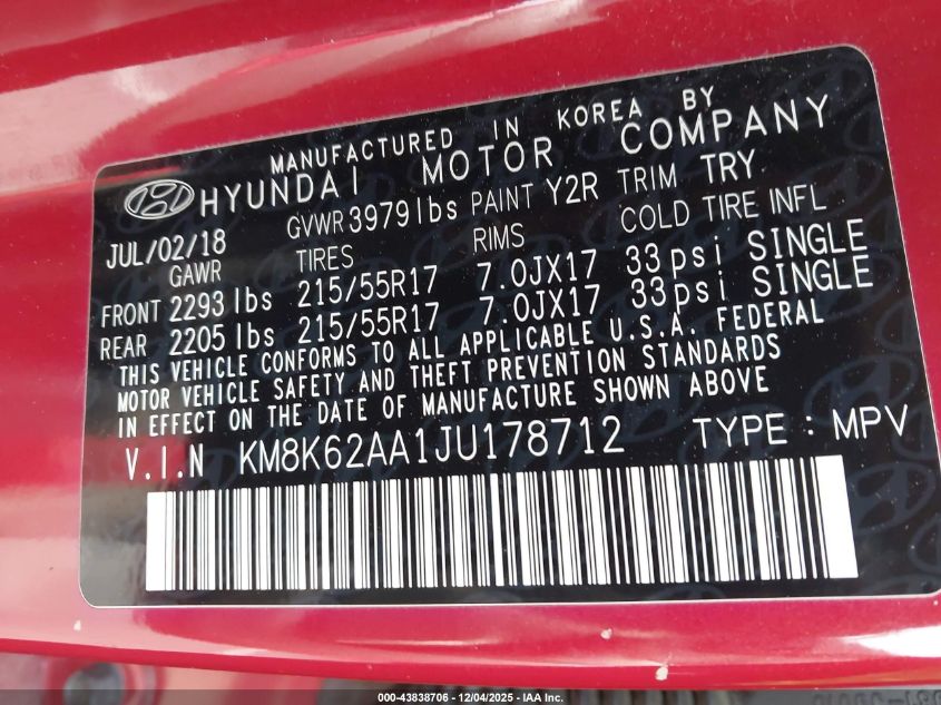 2018 Hyundai Kona Sel VIN: KM8K62AA1JU178712 Lot: 43838706