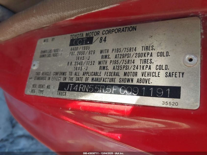 1985 Toyota Pickup 1/2 Ton Rn55 VIN: JT4RN55R5F0091191 Lot: 43838711