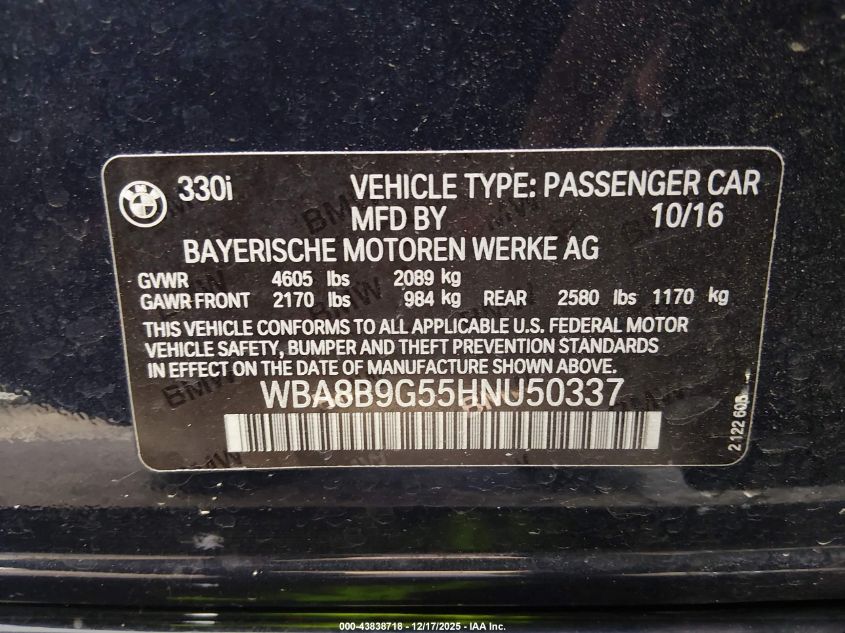2017 BMW 330I VIN: WBA8B9G55HNU50337 Lot: 43838718