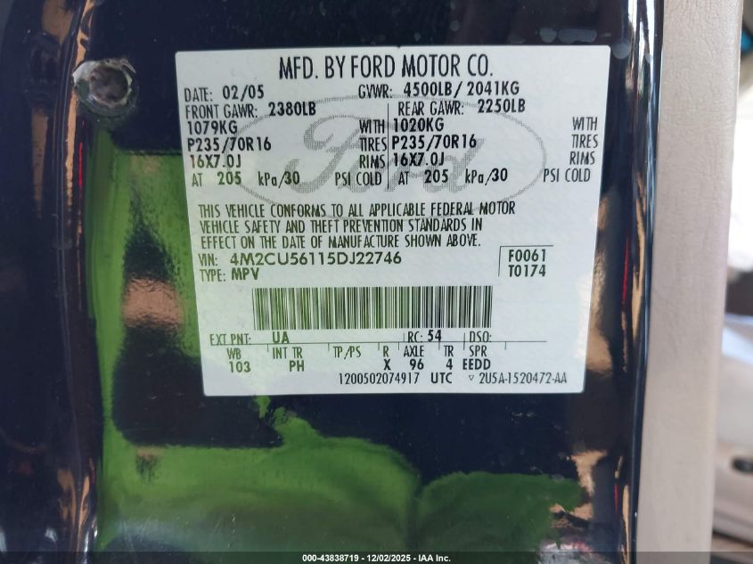 2005 Mercury Mariner Luxury/Premier VIN: 4M2CU56115DJ22746 Lot: 43838719