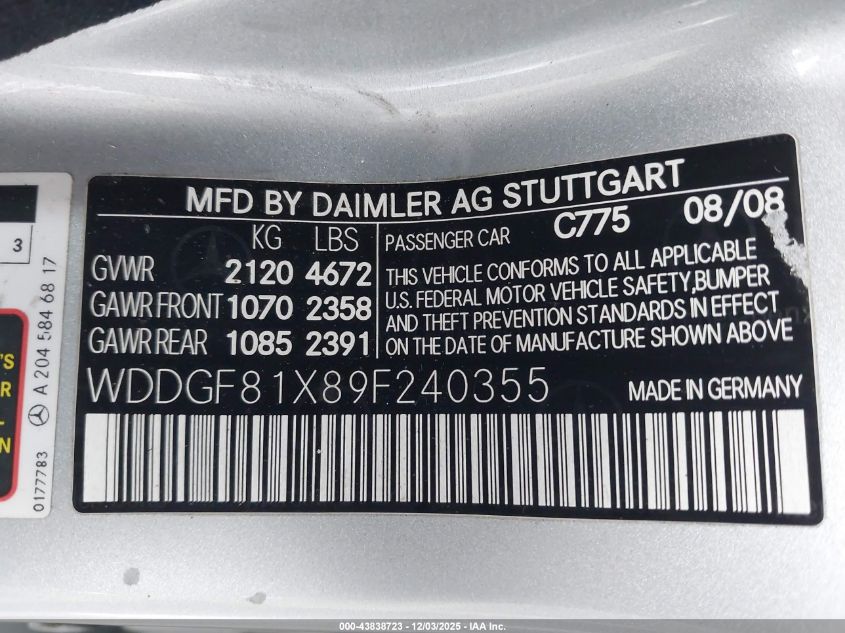 2009 Mercedes-Benz C 300 Luxury 4Matic VIN: WDDGF81X89F240355 Lot: 43838723