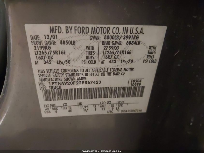 2002 Ford F-250 Lariat/Xl/Xlt VIN: 1FTNW20F22EB67423 Lot: 43838729