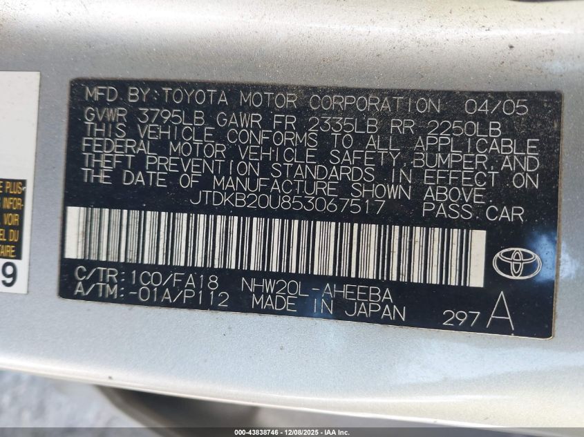 2005 Toyota Prius VIN: JTDKB20U853067517 Lot: 43838746