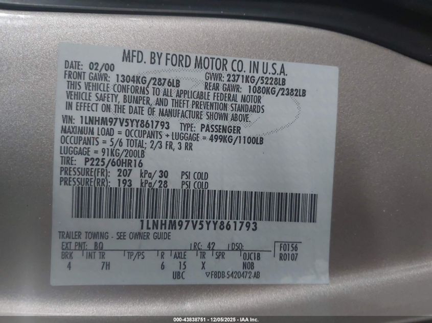 2000 Lincoln Continental VIN: 1LNHM97V5YY861793 Lot: 43838751