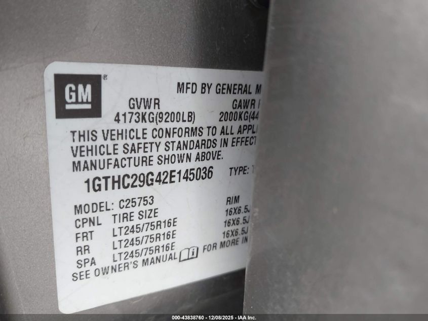 2002 GMC Sierra 2500Hd Sle VIN: 1GTHC29G42E145036 Lot: 43838760