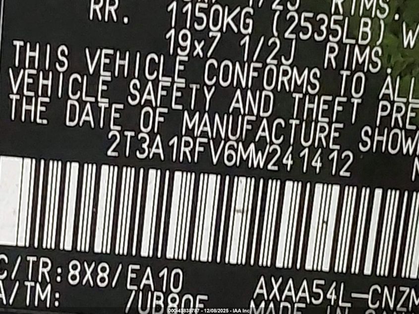 2021 Toyota Rav4 Xle Premium VIN: 2T3A1RFV6MW241412 Lot: 43838787