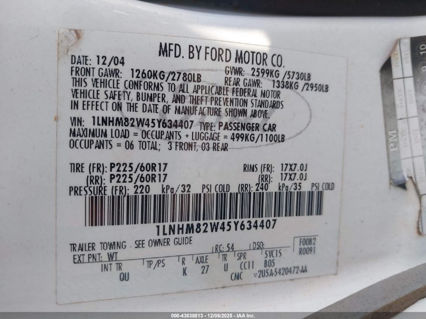 2005 Lincoln Town Car Signature Limited VIN: 1LNHM82W45Y634407 Lot: 43838813