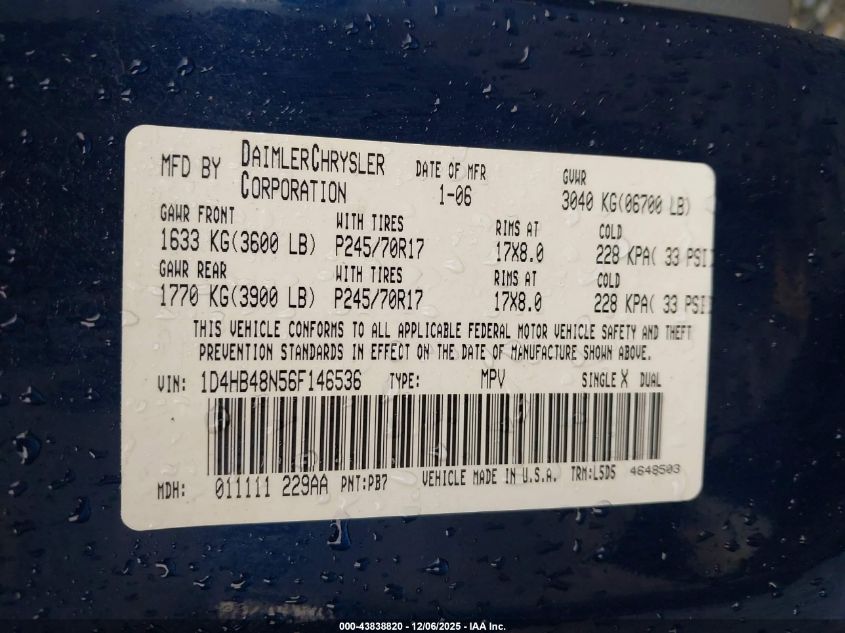 2006 Dodge Durango Slt VIN: 1D4HB48N56F146536 Lot: 43838820