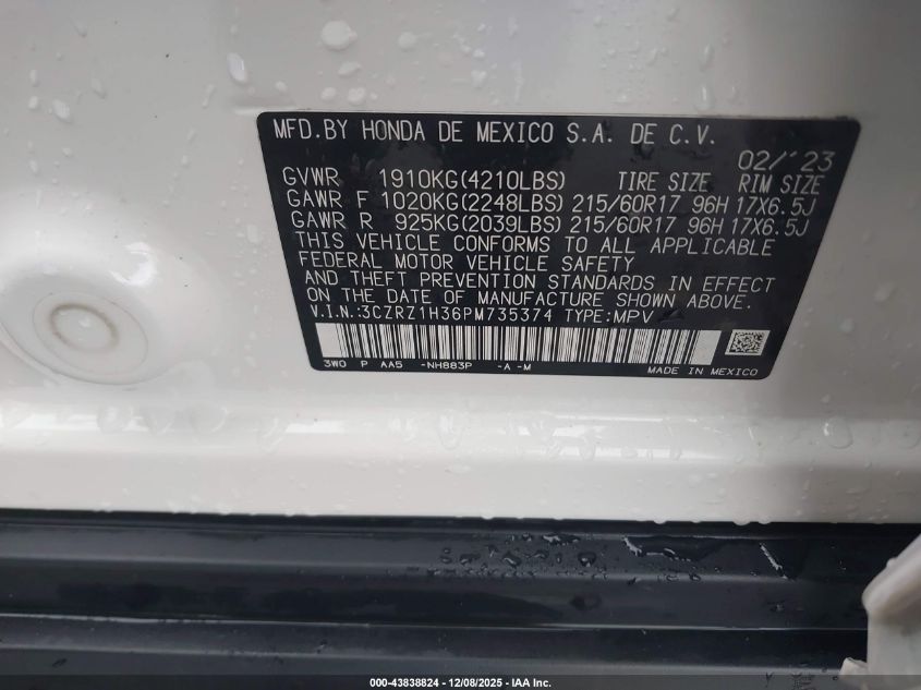 2023 Honda Hr-V 2Wd Lx VIN: 3CZRZ1H36PM735374 Lot: 43838824