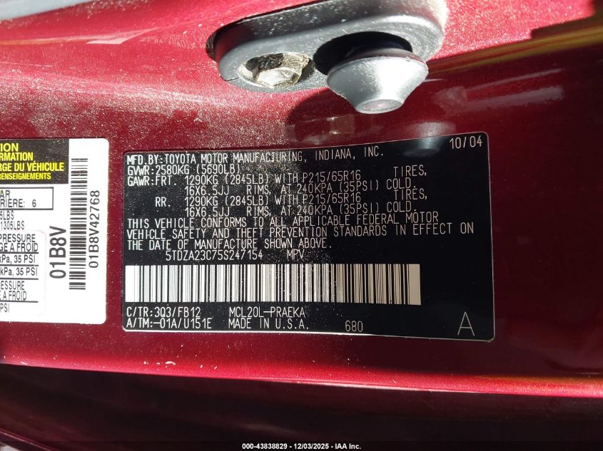 2005 Toyota Sienna Le VIN: 5TDZA23C75S247154 Lot: 43838829