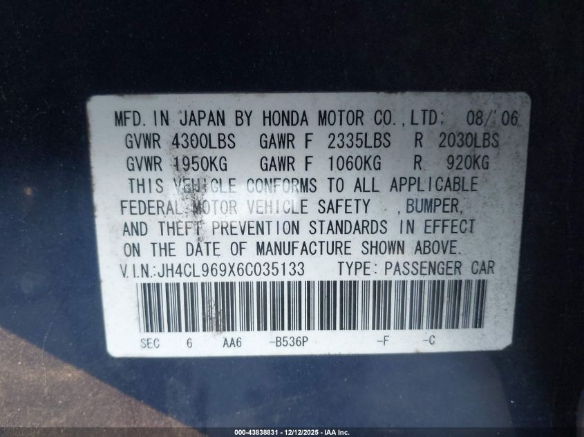 2006 Acura Tsx VIN: JH4CL969X6C035133 Lot: 43838831