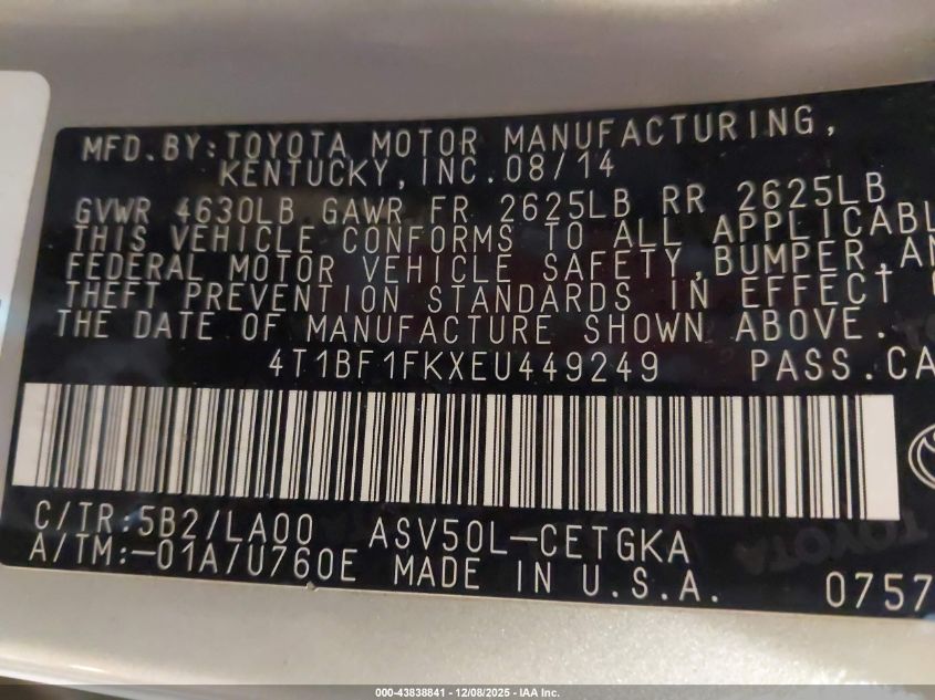 2014 Toyota Camry Xle VIN: 4T1BF1FKXEU449249 Lot: 43838841