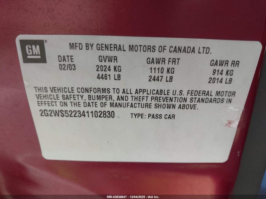 2004 Pontiac Grand Prix Gt2 VIN: 2G2WS522341102830 Lot: 43838847