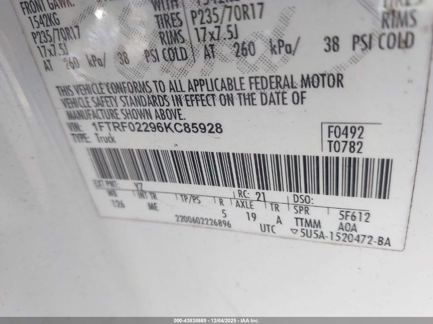 2006 Ford F-150 Stx/Xlt VIN: 1FTRF02296KC85928 Lot: 43838869