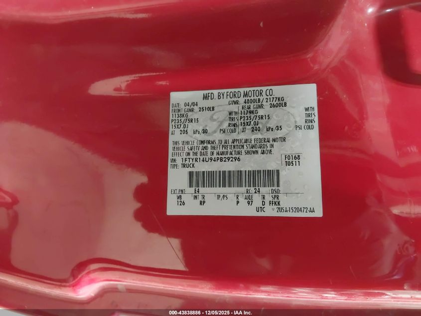 2004 Ford Ranger Edge/Tremor/Xl/Xlt VIN: 1FTYR14U94PB29296 Lot: 43838886