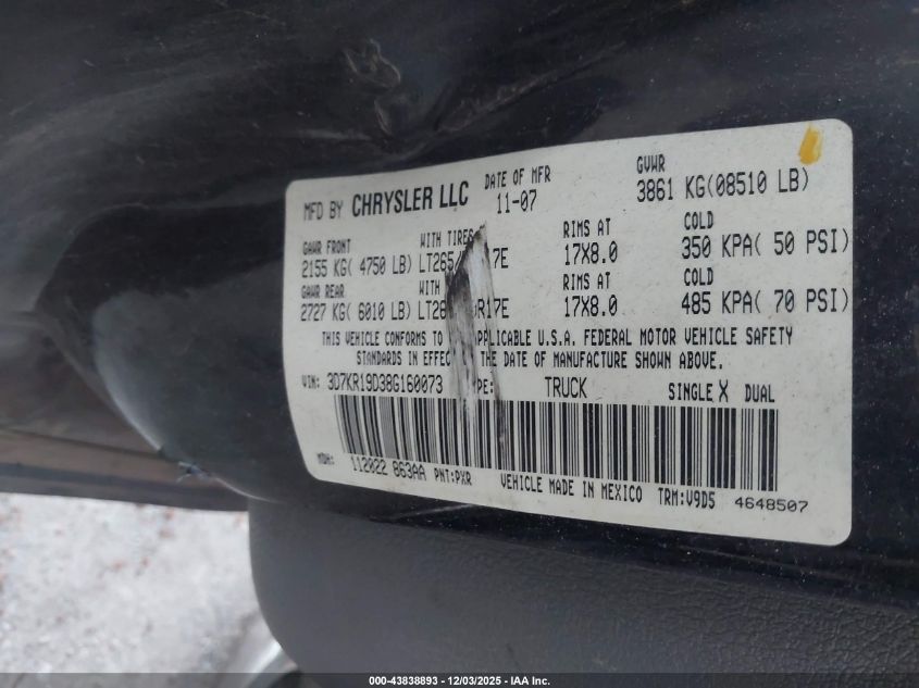 2008 Dodge Ram 1500 Sxt/Slt VIN: 3D7KR19D38G160073 Lot: 43838893
