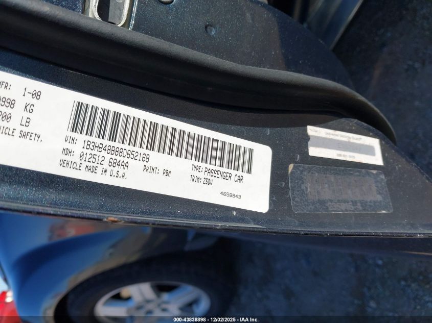 2008 Dodge Caliber Sxt VIN: 1B3HB48B88D652168 Lot: 43838898