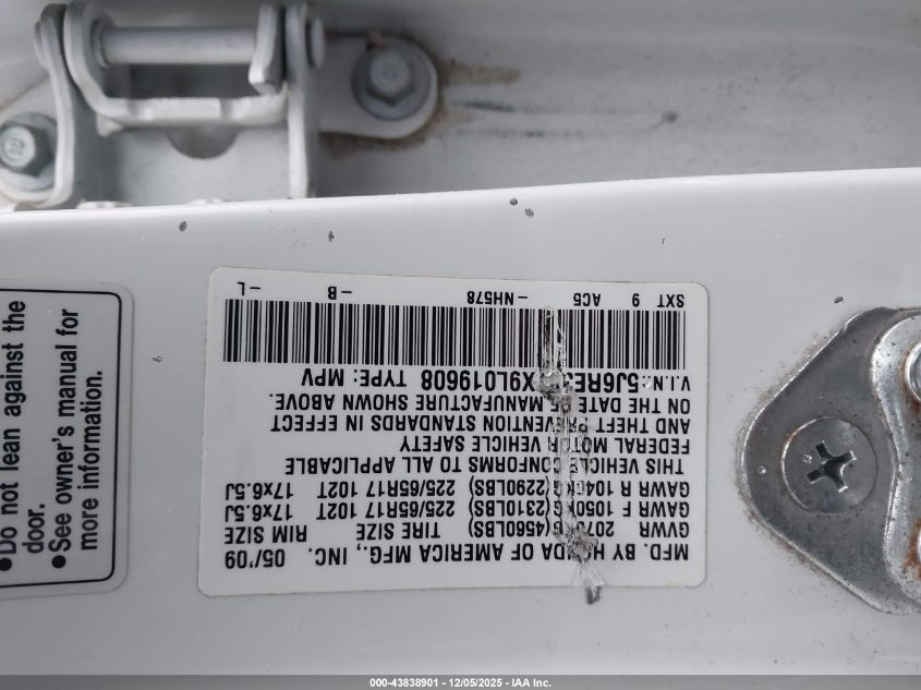 2009 Honda Cr-V Ex-L VIN: 5J6RE387X9L019608 Lot: 43838901