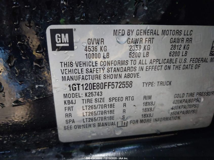 2015 GMC Sierra 2500Hd Denali VIN: 1GT120E80FF572558 Lot: 43838908