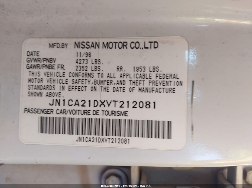 1997 Nissan Maxima Gle/Gxe/Se VIN: JN1CA21DXVT212081 Lot: 43838919