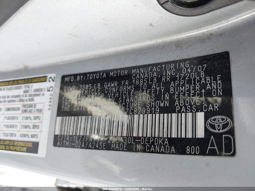 2007 Toyota Corolla Ce VIN: 2T1BR32E27C829919 Lot: 43838974