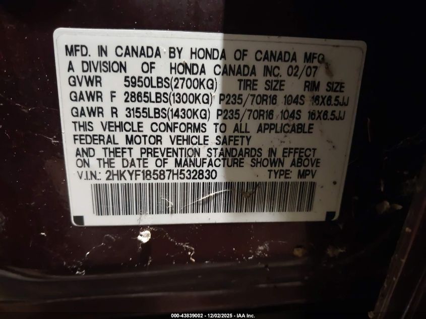 2007 Honda Pilot Ex-L VIN: 2HKYF18587H532830 Lot: 43839002