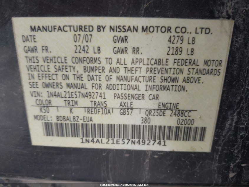 2007 Nissan Altima 2.5 S VIN: 1N4AL21E57N492741 Lot: 43839004