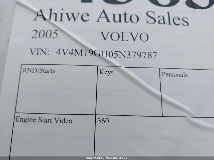 2005 Volvo Vn Vnm VIN: 4V4M19GH05N379787 Lot: 43839009