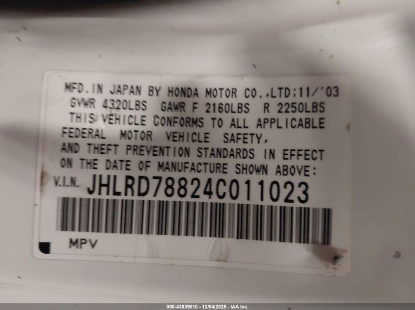 2004 Honda Cr-V Ex VIN: JHLRD78824C011023 Lot: 43839010