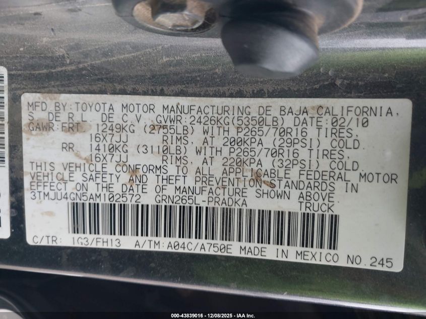 2010 Toyota Tacoma Prerunner V6 VIN: 3TMJU4GN5AM102572 Lot: 43839016