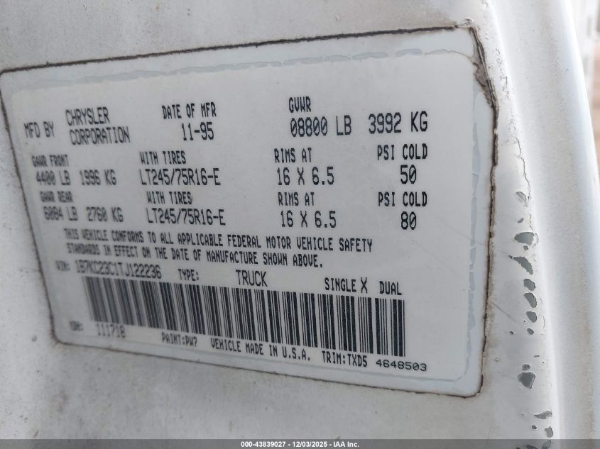 1996 Dodge Ram 2500 VIN: 1B7KC23C1TJ122236 Lot: 43839027