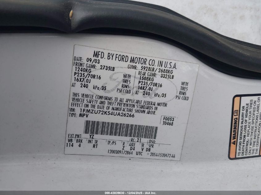 2004 Ford Explorer Xls VIN: 1FMZU72K54UA26266 Lot: 43839030